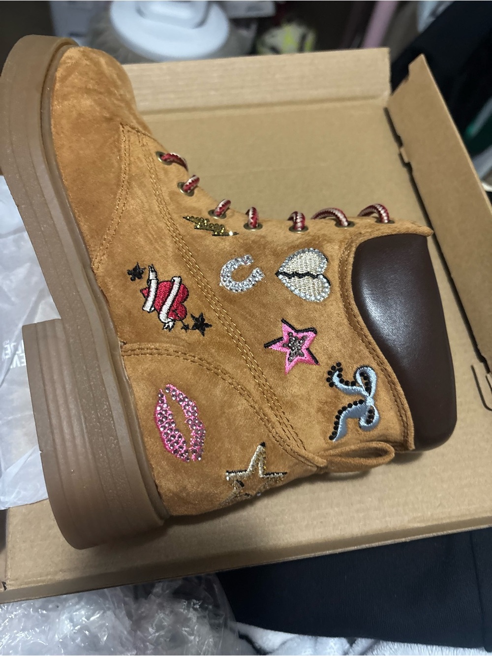 Steve Madden Tan Suede Embroidered Kids Boots with Pink & Gold Accents